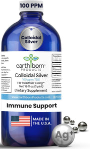 Earthborn Colloidal Silver Liquid bottle shows 100 PPM purity for daily wellness.
