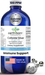 Earthborn Colloidal Silver Liquid bottle shows 100 PPM purity for daily wellness.