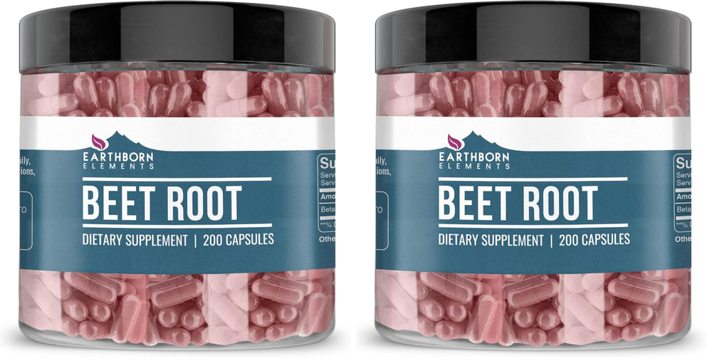 Earthborn Elements Beet Root capsules bottle shows pure nitrate source for daily wellness potential.
