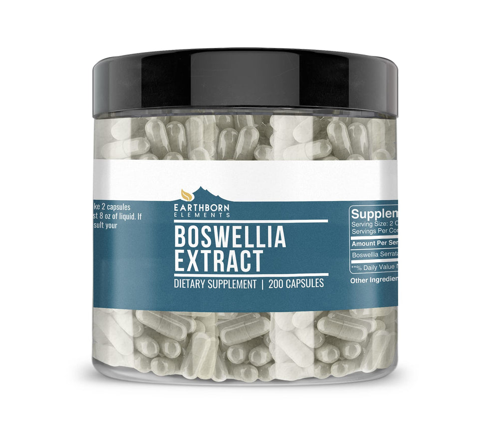 Earthborn Elements Boswellia extract 200 capsules, bottle front, additive-free for clean supplementation.