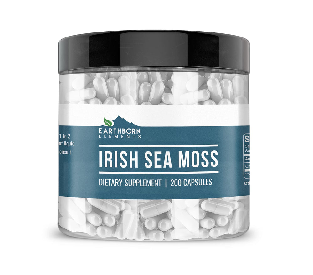 Earthborn Elements Irish Sea Moss bottle front shows a pure, additive-free supplement for daily wellness.