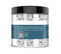 Irish Sea Moss capsules closeup highlights compact, easy to swallow capsules.
