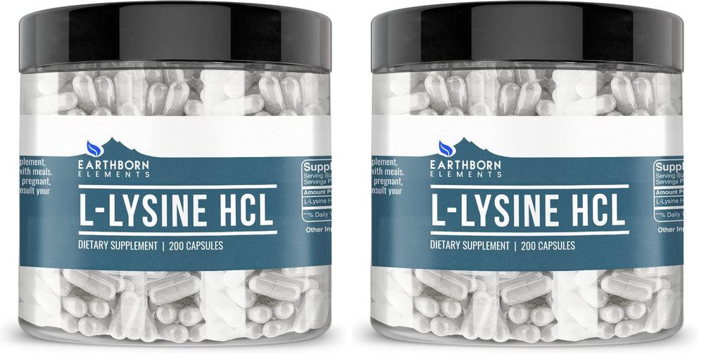 Earthborn Elements L-Lysine HCL capsules in a bottle for easy daily protein support.
