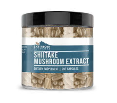 Earthborn Elements Shiitake Mushroom Extract bottle on a clean desk for daily wellness.
