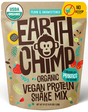 EarthChimp bottle pouring unsweetened vegan protein for smoothies