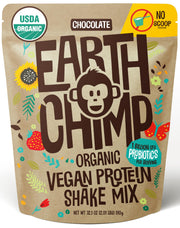 EarthChimp Organic Vegan Protein Powder with Probiotics in a chocolate jar for daily wellness.