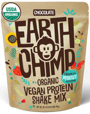 EarthChimp chocolate vegan protein powder bag front, ready for a quick morning shake
