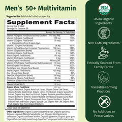 EarthFirst Organic Once Daily Multivitamin for Men 50+ bottle back label lists organic ingredients and quality info