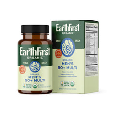 EarthFirst Organic Once Daily Multivitamin for Men 50+ bottle front shows clean branding and daily energy focus