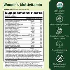 EarthFirst Organic Women’s Multi bottle back label highlighting organic sourcing for daily nourishment.