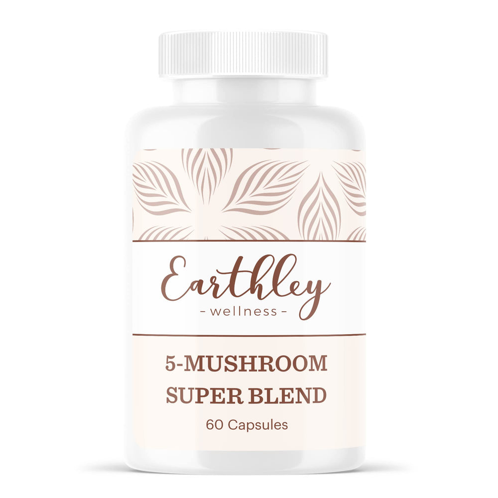 Earthley Wellness 5-Mushroom Super Blend bottle on counter for daily antioxidant support