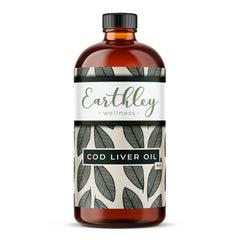 Earthley Wellness cod liver oil bottle on kitchen counter for daily immune support.