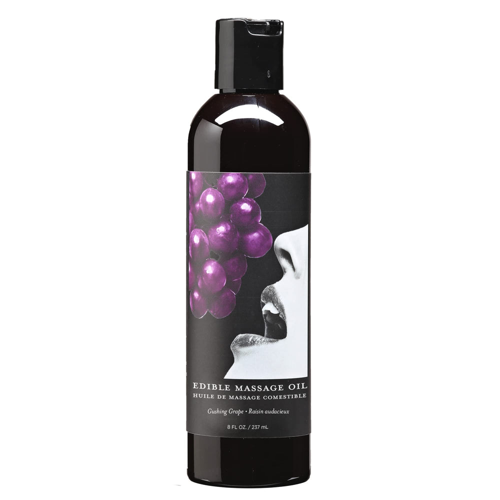Earthly Body Edible Massage Oil grape bottle shows vegan, nourishing formula for silky massages.