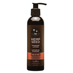 Earthly Body hemp seed massage lotion bottle glides smoothly for silky skin.