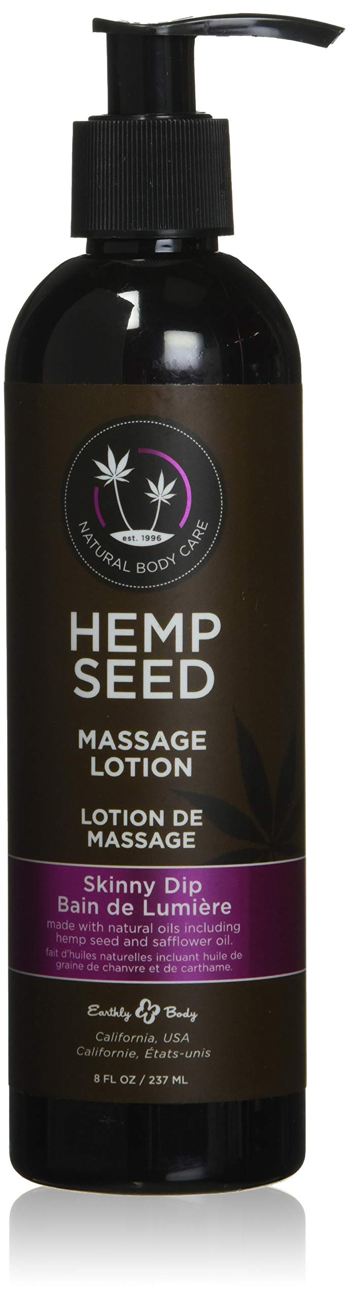 Earthly Body Skinny Dip bottle front, silky hemp seed massage lotion for home use.