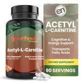 EarthNutri Acetyl-L-Carnitine bottle close-up highlighting pure, additive-free formula for focus support.
