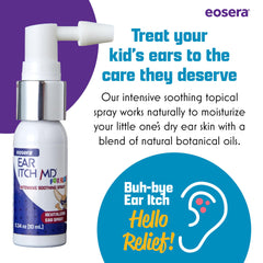 Close-up view of Earwax MD eosera Ear Itch MD for Kids ear canal application.