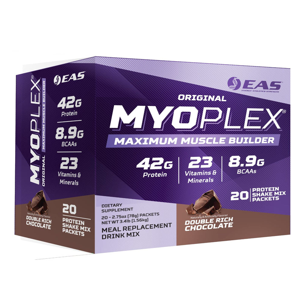 EAS Myoplex tub label showing 42g protein per serving for muscle support