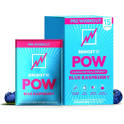 EBOOST POW blue raspberry packets ready for a quick pre-workout boost