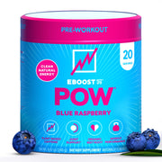 EBOOST POW blue raspberry tub shown for clean pre-workout energy.