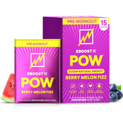EBOOST POW Berry Melon Fizz packet ready to mix for a quick workout boost.