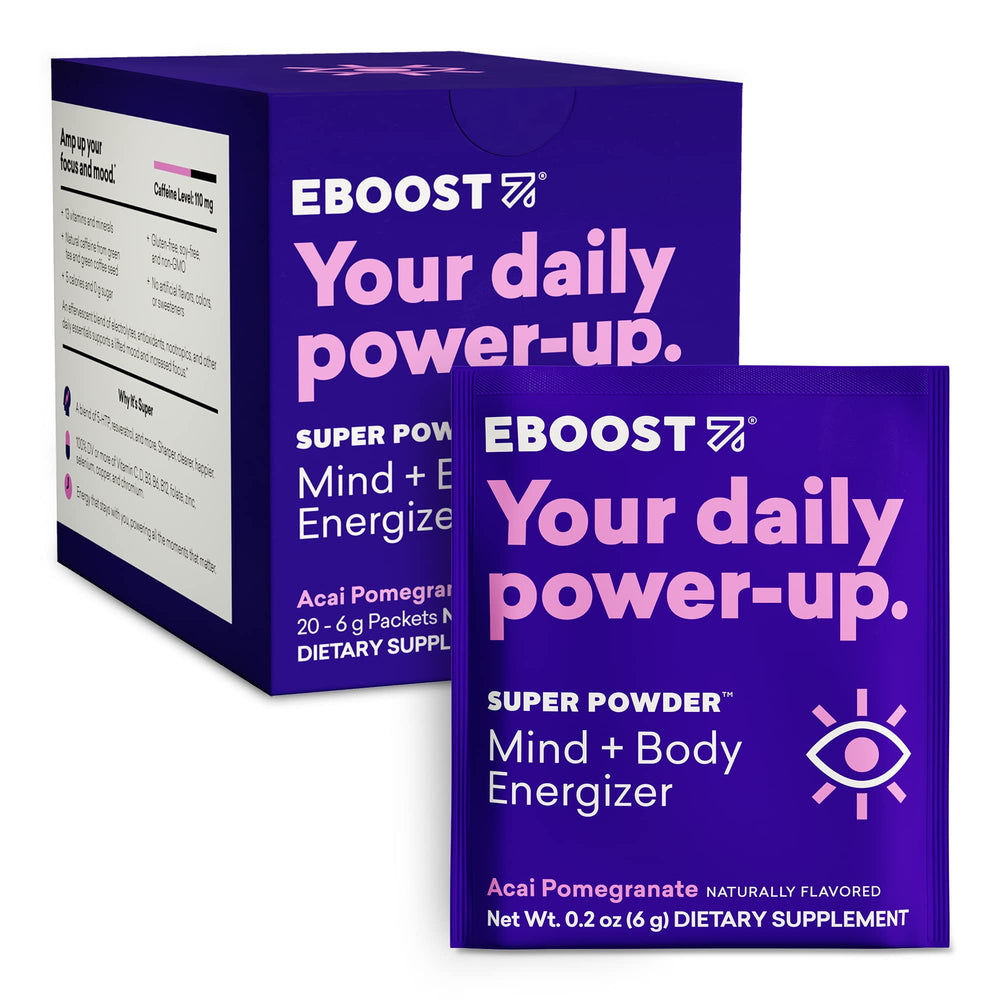 EBOOST Super Energy powder acai pomegranate pack shot with single-serving packets