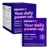 EBOOST Super Energy powder acai pomegranate pack shot with single-serving packets