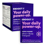 EBOOST Super Energy powder acai pomegranate pack shot with single-serving packets