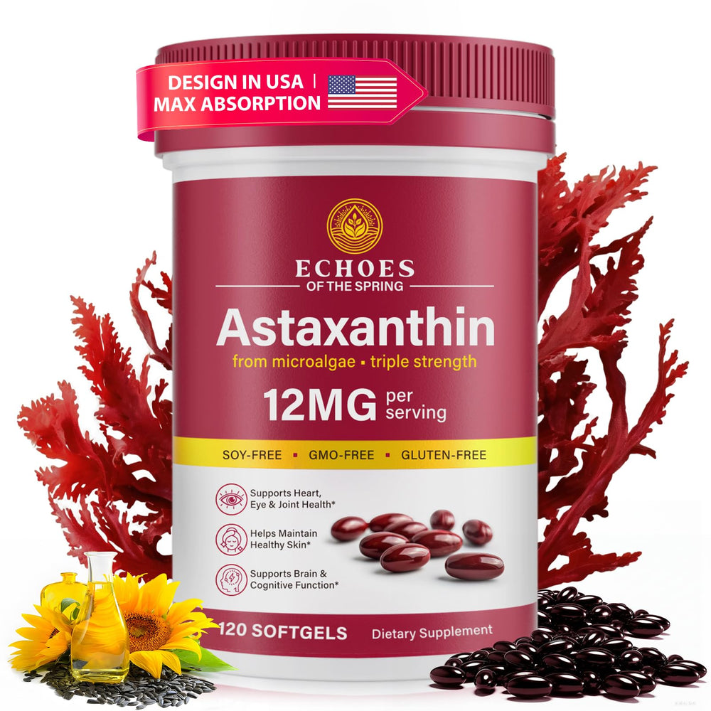 Echoes of the Spring astaxanthin 12mg bottle highlighting daily wellness support
