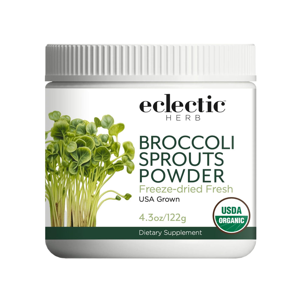 Eclectic Institute broccoli sprouts powder bottle for daily greens in smoothies