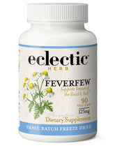 Eclectic Institute Feverfew capsules bottle front, vegan and non-GMO formula.