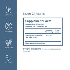 Eclectic Institute Larix capsules label closeup: shows non-GMO sourcing and potency details.