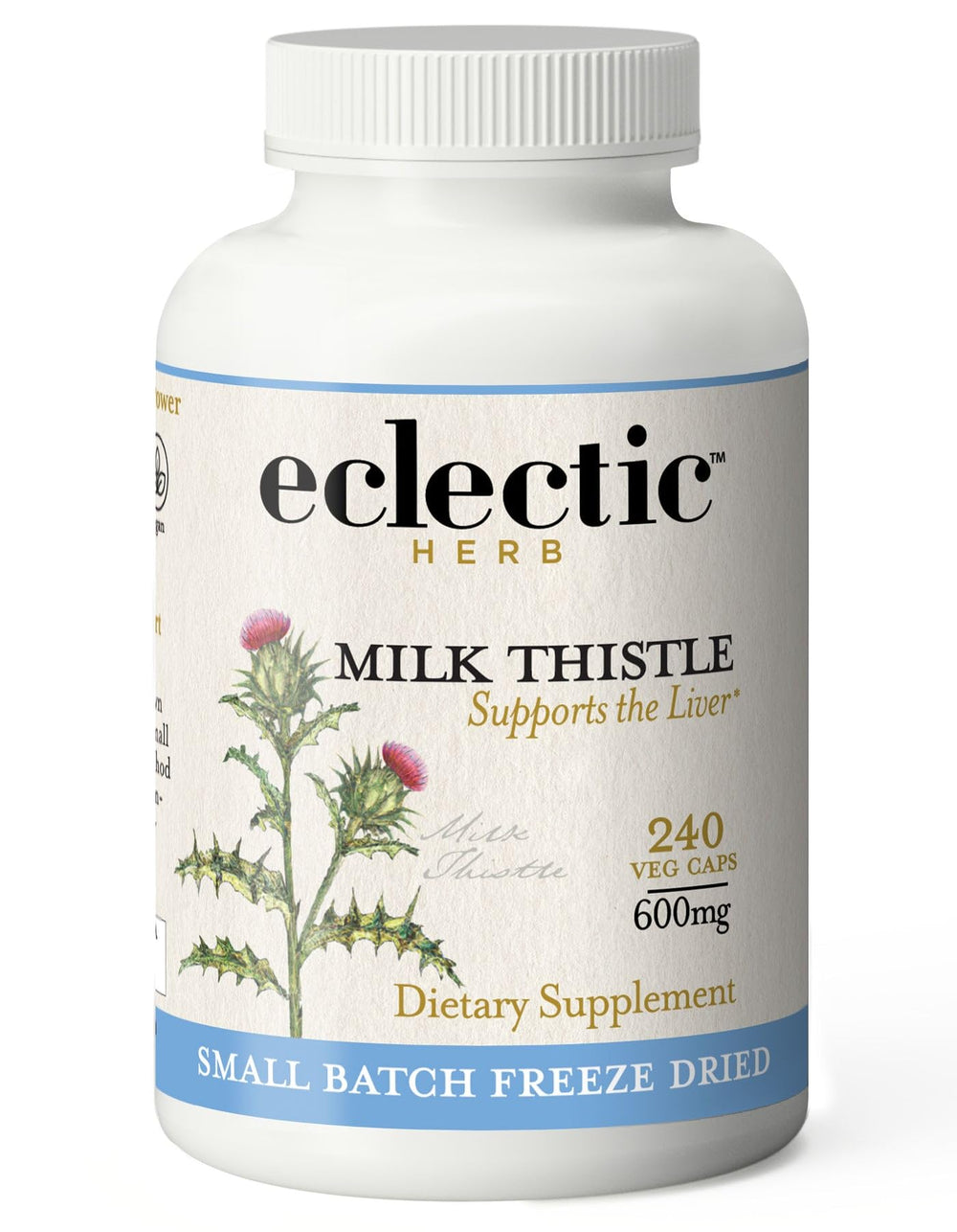 Eclectic Institute milk thistle bottle front view highlighting natural, liver-supporting ingredients.