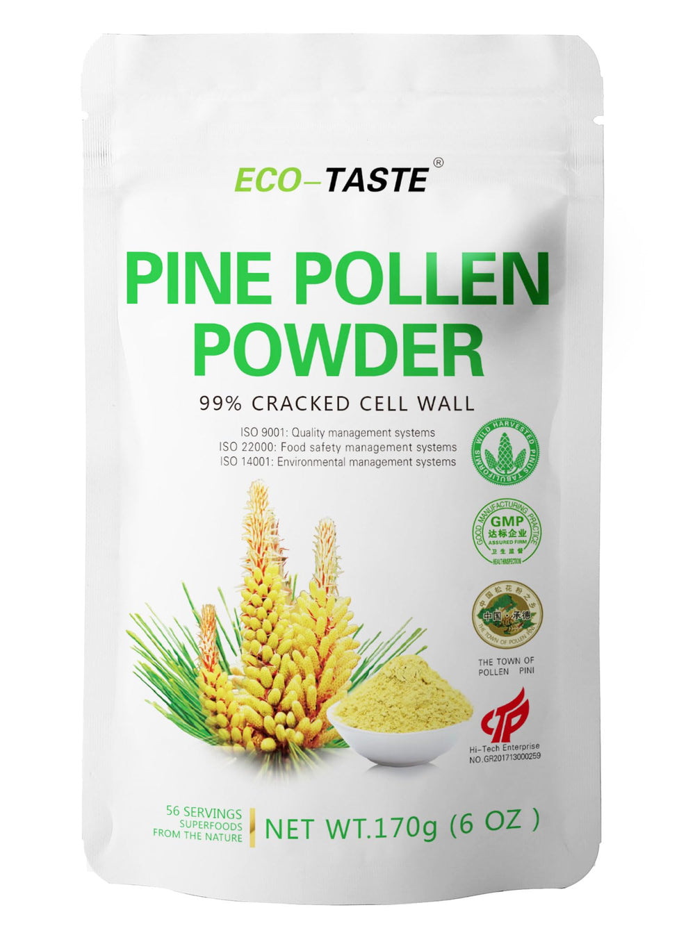 ECO-TASTE Pine Pollen Powder 6oz jar front view showing premium packaging