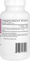 Close-up of Ecological Formulas Allithiamine capsules highlighting a convenient 50 mg daily dose for energy support.