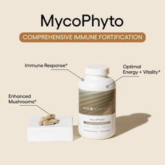 Close-up of MycoPhyto capsules emphasizing energy and gut health benefits.