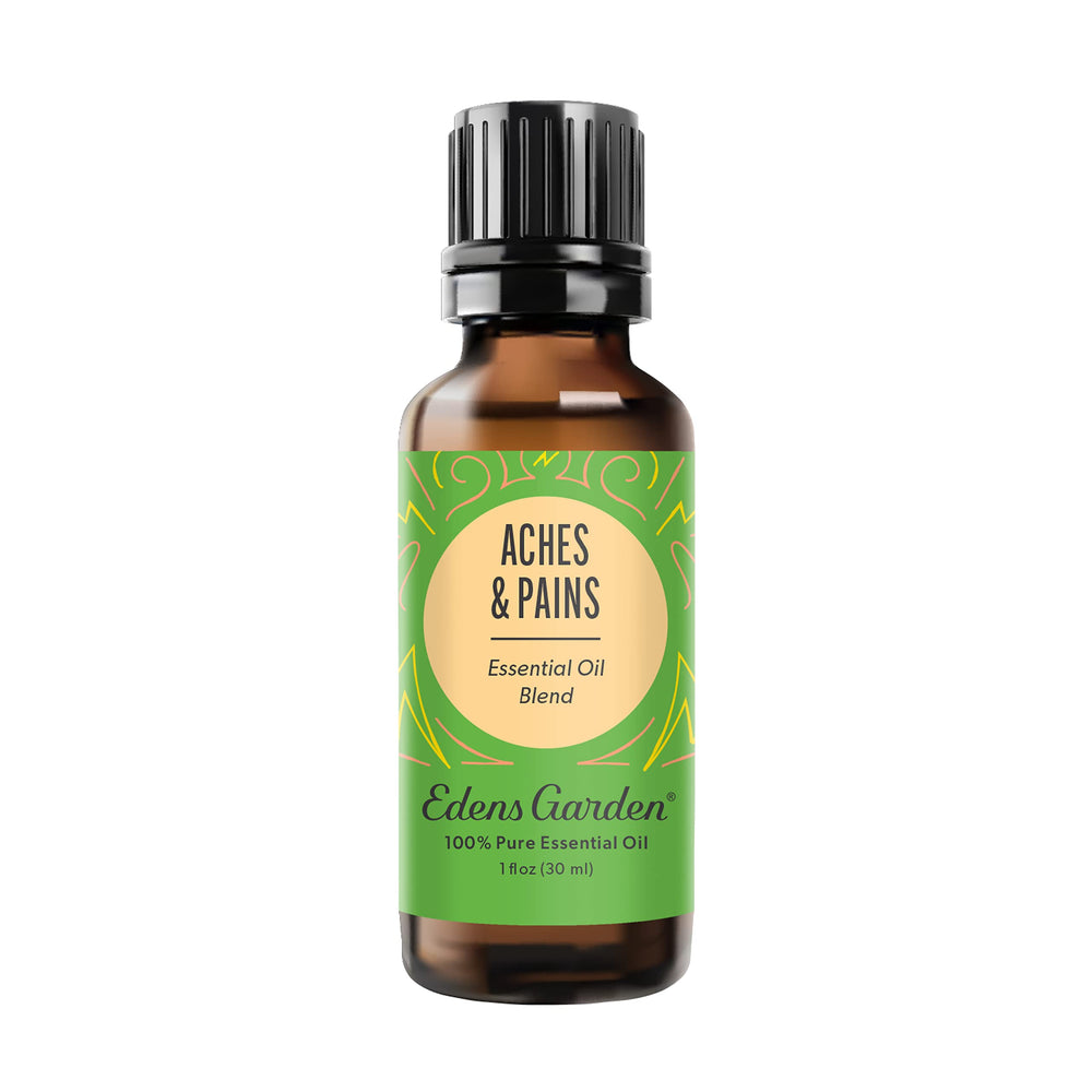 Edens Garden Aches Pains blend bottle pour highlights soothing aroma.
