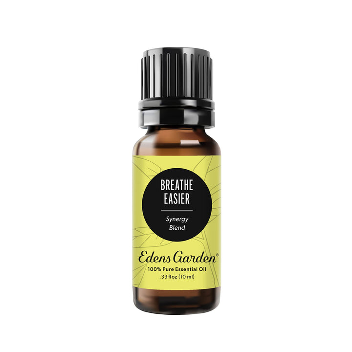 Edens Garden Breathe Easier bottle front showing label for uplifting aromatics.
