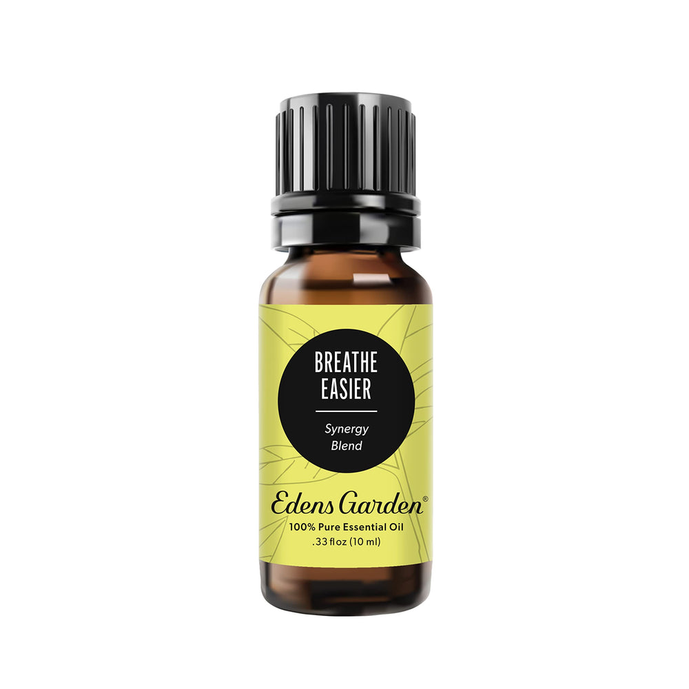 Edens Garden Breathe Easier bottle front showing label for uplifting aromatics.