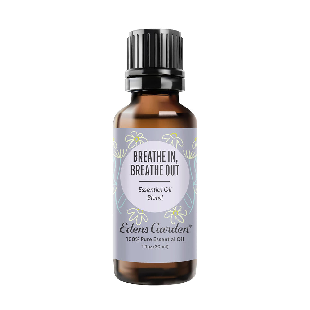 Edens Garden Breathe In Breathe Out bottle for calming aromatherapy.