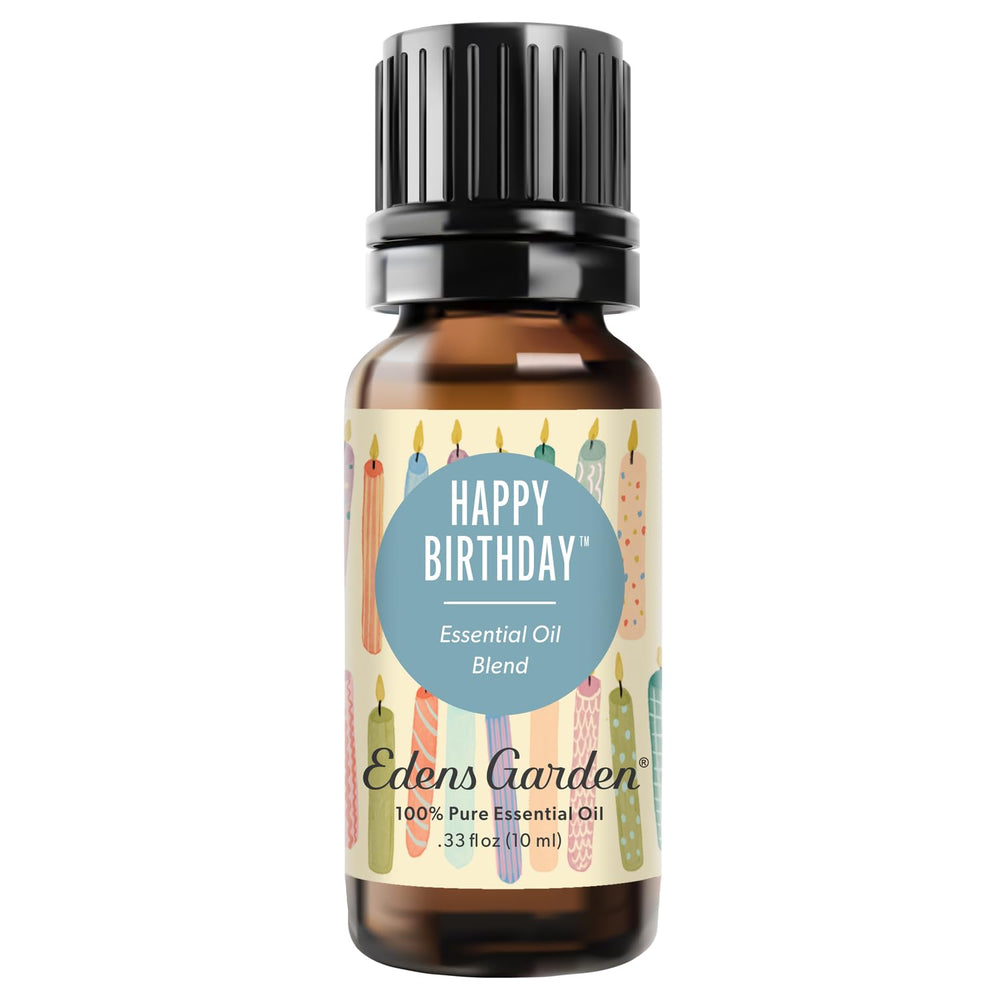 Edens Garden Happy Birthday bottle close-up evokes a festive aroma for celebrations.