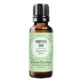 Edens Garden Pampered Skin bottle closeup showing calming lavender and rose notes for relaxation.