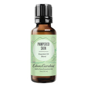 Edens Garden Pampered Skin bottle closeup showing calming lavender and rose notes for relaxation.