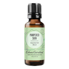 Edens Garden Pampered Skin bottle closeup showing calming lavender and rose notes for relaxation.