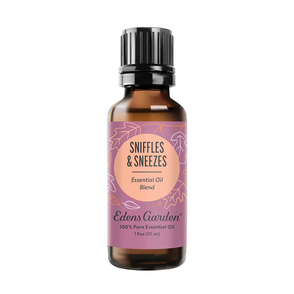 Edens Garden Sniffles & Sneezes bottle closeup showing pure blend for calming ambience