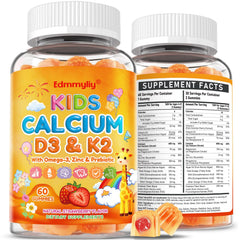 Edmmyliy Kids Calcium Gummies bottle with strawberry flavor for daily bone support.