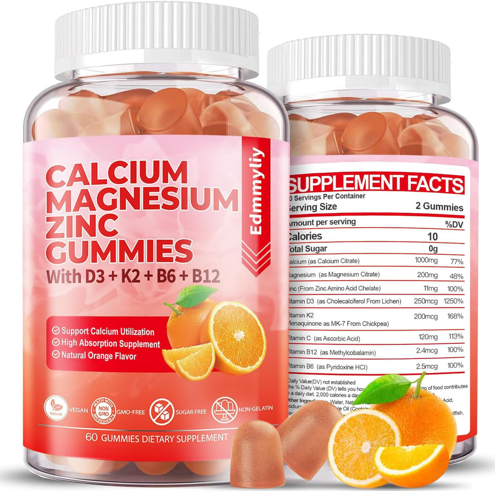 Edmmyliy sugar-free calcium magnesium zinc gummies orange bottle for immune support.