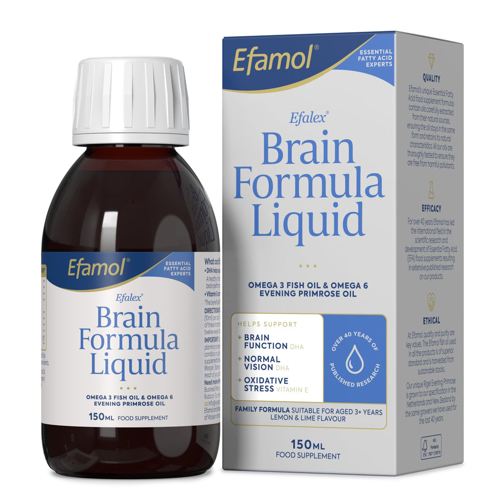 Efamol Efalex bottle with lemon-lime flavor may support daily cognitive function and vision