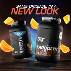 EFX Karbolyn Fuel orange bottle pouring powder for quick pre-workout energy.
