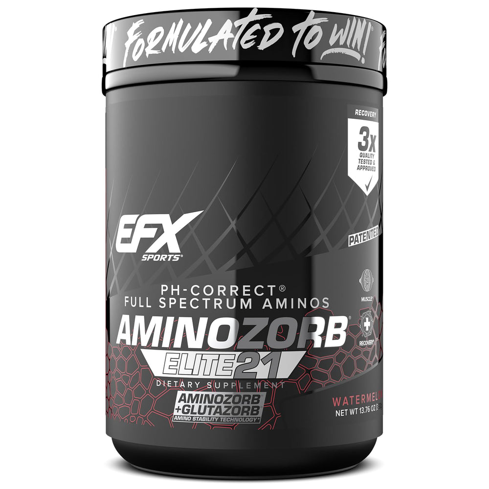 EFX Sports Aminozorb Elite 21 bottle label showing a full spectrum amino blend for recovery potential